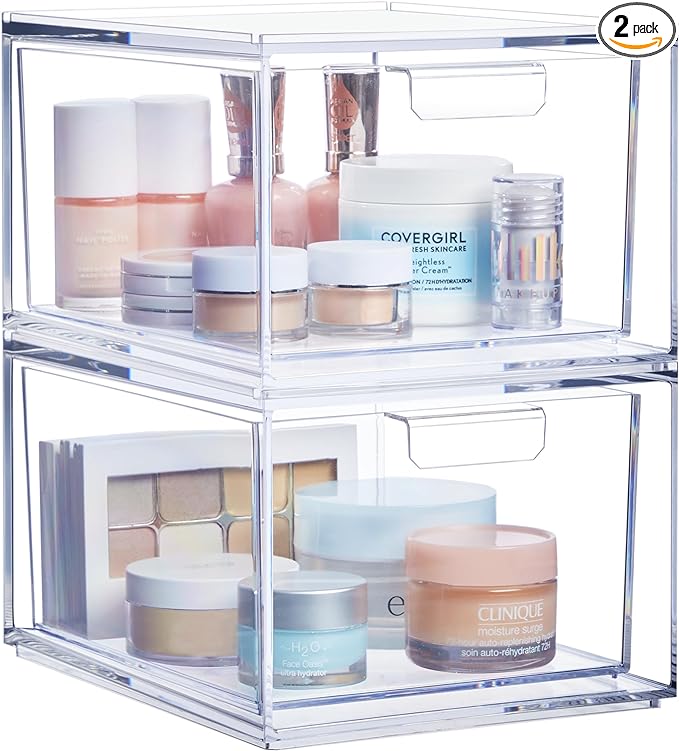 Stackable Clear Bin Plastic Organizer Drawers | 2 Piece Set